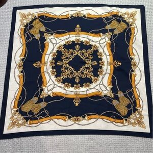 Navy, Gold & White Equestrian Tassel Silky Scarf